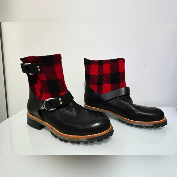 WOOLRICH-New With Tags! Red And Black Plaid Waterproof Wool Ankle Boots. Size 8 - Picture 2 of 11